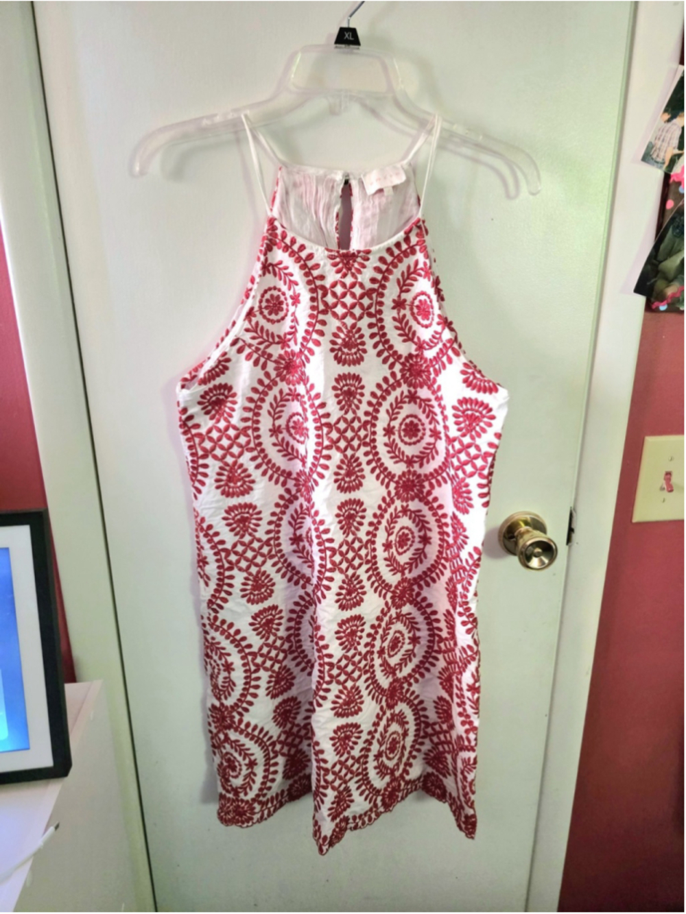 Entro White Dress With Red Embroidery Lined Scalloped Hem Size Large